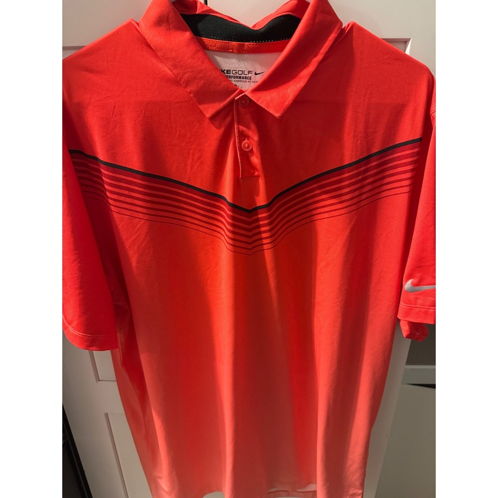 Nike Golf Performance Mens Large Orange‎ Red Chevron Stripe Polo  Short Sleeve